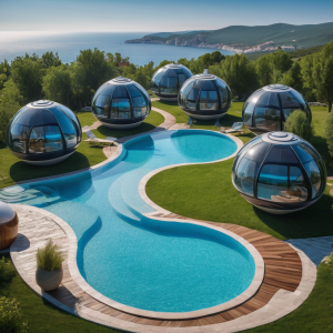 park hotel with a round swimming pool between 6 3DCP domed cement houses with places to relax in Crimea