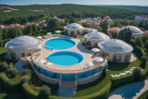 park hotel with a round swimming pool between 9 3DCP domed cement houses with places to relax in Crimea
