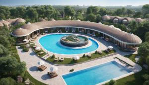 park hotel with a round swimming pool between 9 3DCP domed cement houses with places to relax in Crimea