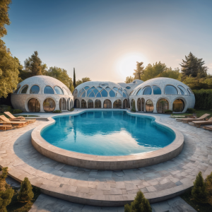 park hotel with a round swimming pool between 6 3DCP domed cement houses with places to relax in Crimea